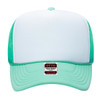 A mint green and white 5 Panel High Crown Trucker Cap with a branded label at the front.