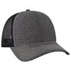 A grey 6-panel trucker hat featuring a mesh back and contrasting stitching, with a logo on the front.