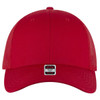 A red 6 panel low-profile trucker cap featuring a mesh back and a branded tag on the front.