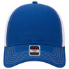 A blue and white 6 panel low profile trucker cap with a logo on the front and a mesh back.