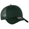 A green low-profile trucker cap with a mesh back and a branded tag on the front.