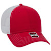 A red and white 6 panel low profile trucker cap with a mesh back and a logo on the front.