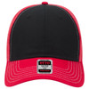 A black and red 6-panel low profile trucker cap with a mesh back and a visible logo on the front label.