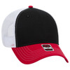 A black and red 6-panel low profile trucker cap with a white mesh back and a logo on the front.