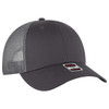 A grey low-profile trucker cap with a solid front and mesh back, featuring a logo on the front.