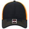 A black and orange 6 panel low profile trucker cap with a mesh back and a label on the front.