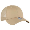 A beige low-profile trucker cap with a mesh back and a front panel featuring a logo.