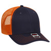 A navy and orange 6 panel low profile trucker cap with a mesh back and a logo on the front.