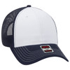A low profile trucker cap in white with navy mesh sides and a branded label on the front.