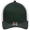 A dark green low profile trucker cap with a white mesh back and a logo on the front.