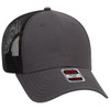 A grey low-profile trucker cap with a mesh back and an adjustable strap, featuring a logo on the front panel.