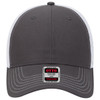 A grey and white 6 panel low profile trucker cap featuring a mesh back and a logo on the front.