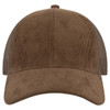A brown 6 panel low profile trucker cap made of corduroy with a mesh back and a logo.