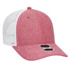 A pink and white 6 panel low profile trucker cap with mesh sides and a branded label on the front.