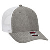 A grey low-profile trucker cap with a mesh back and a logo on the front.