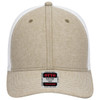 A beige low profile trucker cap with a mesh back and a brand label on the front.