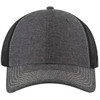 A 6-panel low profile trucker cap in grey with black mesh sides and a curved brim. It features a logo on the front.