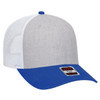 A grey and white trucker cap with a blue brim and plastic mesh back, featuring a logo on the front.