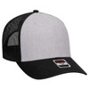 A low profile trucker cap featuring a grey front and black mesh back, complete with a branding label.