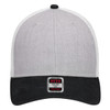 A grey and black 6 panel low profile trucker cap featuring a logo and a curved brim.