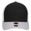 A black and grey low profile trucker cap featuring a logo and a structured design.