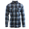 A man's long-sleeve plaid flannel shirt in blue and navy, featuring two front pockets and a button-up design.
