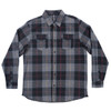 A men's long-sleeve plaid flannel shirt in black, grey, and red, featuring button-up front and two chest pockets.
