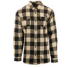 A black and white plaid flannel button-up shirt with two chest pockets and a logo on the label.
