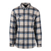 A button-up men's flannel shirt in grey with blue plaid patterns, featuring a side profile view.