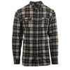 A men's long-sleeve plaid flannel shirt in navy and white, featuring a button-up design and a logo on the chest.