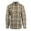 A man wearing a blue and beige plaid flannel button-up shirt with two chest pockets and a logo.