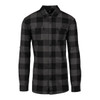 A black and grey checkered short sleeve yarn-dyed flannel shirt with two front pockets and a button-up design.