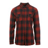 A red and black check flannel shirt with a button-up design and two chest pockets. It features a collar and long sleeves.