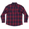 A red and navy check-patterned short sleeve flannel shirt with two chest pockets and a collar. It features a logo.