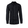 A black and white checked flannel shirt with a button-up front and two chest pockets, featuring a logo.