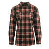 A flannel shirt featuring a black, red, and white plaid pattern with long sleeves and button-up front. It has two chest pockets and a logo.