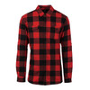 A red and black checkered short sleeve yarn-dyed flannel shirt with two chest pockets and a logo.