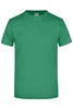 A green, short-sleeved t-shirt featuring a logo on the front.