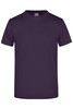 A plain purple t-shirt with short sleeves and a round neck, featuring a logo on the neckline.