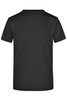 A black t-shirt with a simple round neck and short sleeves, featuring a logo on the back.