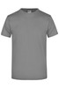 A grey T-shirt with a round neck and short sleeves, featuring a branding logo.