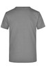 A grey T-shirt featuring a simple design and a logo on the back.