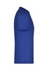 A side view of a blue T-shirt, featuring a plain design and a fitted silhouette. It has a logo on the front.