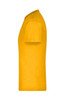 A side view of a bright yellow T-shirt, featuring a crew neck and short sleeves. The shirt has a logo.