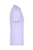 A side view of a light purple t-shirt with short sleeves, featuring a logo on the chest area.