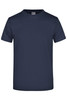 A navy blue t-shirt featuring a crew neckline and short sleeves, with a visible logo on the label.