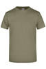 A plain olive green t-shirt with short sleeves and a round neckline. The shirt features a logo.