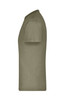 A plain olive green T-shirt displayed from the side, featuring a simple design and a branding logo.