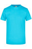 A vibrant turquoise t-shirt with short sleeves and a round neckline. It features a logo on the label.