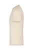 A side view of a beige T-shirt featuring a short sleeve design and a logo.